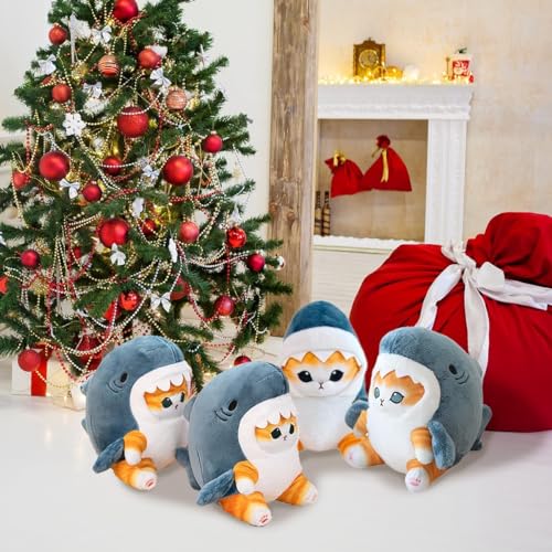 8'' Shark Cat Plush Toy Stuffed Animal Doll Grey Blue Gold N7855