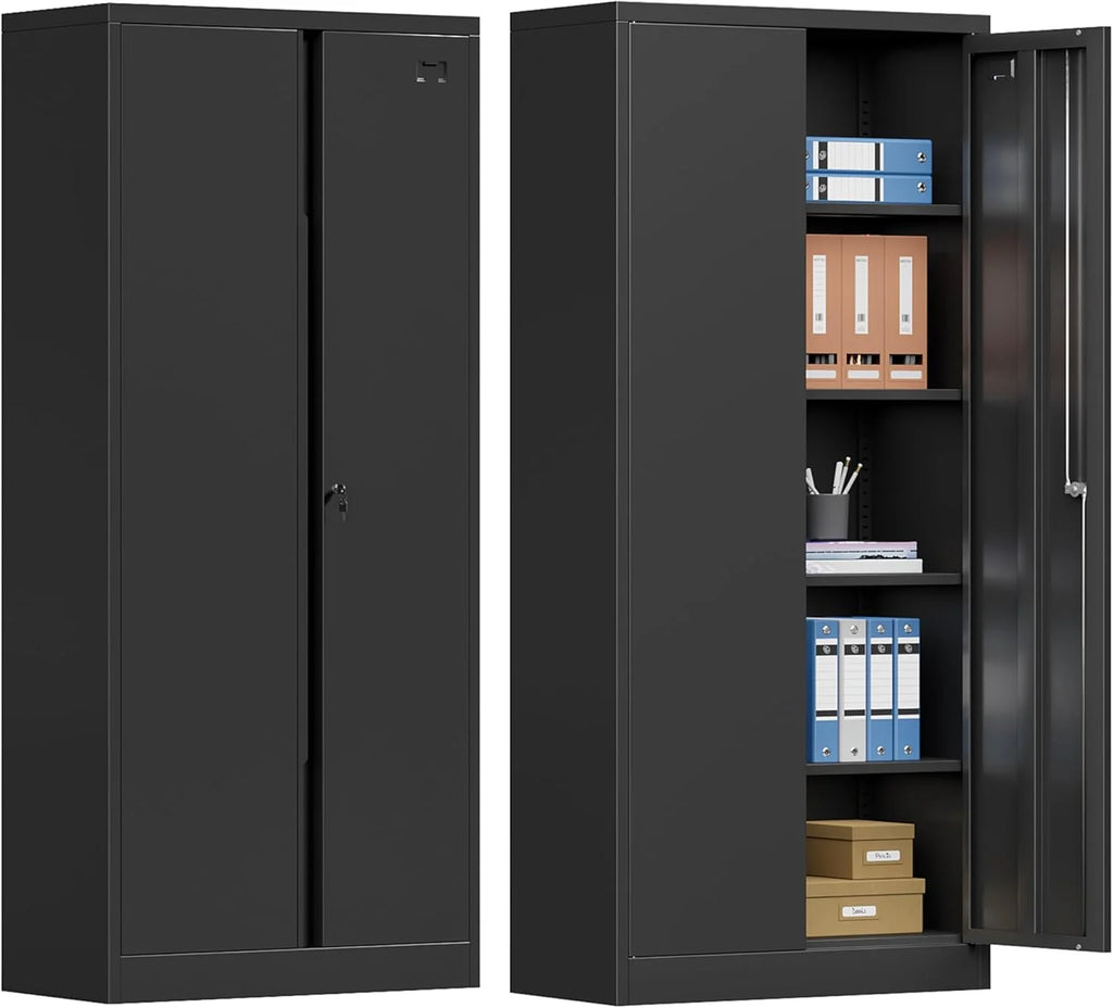 Metal Storage Cabinet with Locking Doors and 4 Adjustable Shelves,71" Tall Metal Garage Storage Cabinet,Metal Cabinet Storage for Office,Home,Garage,Gym,School (Black/ Required-Assembly)