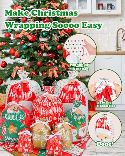 Christmas Gift Bags Assorted Sizes, 22pcs Drawstring Reusable Plastic D786