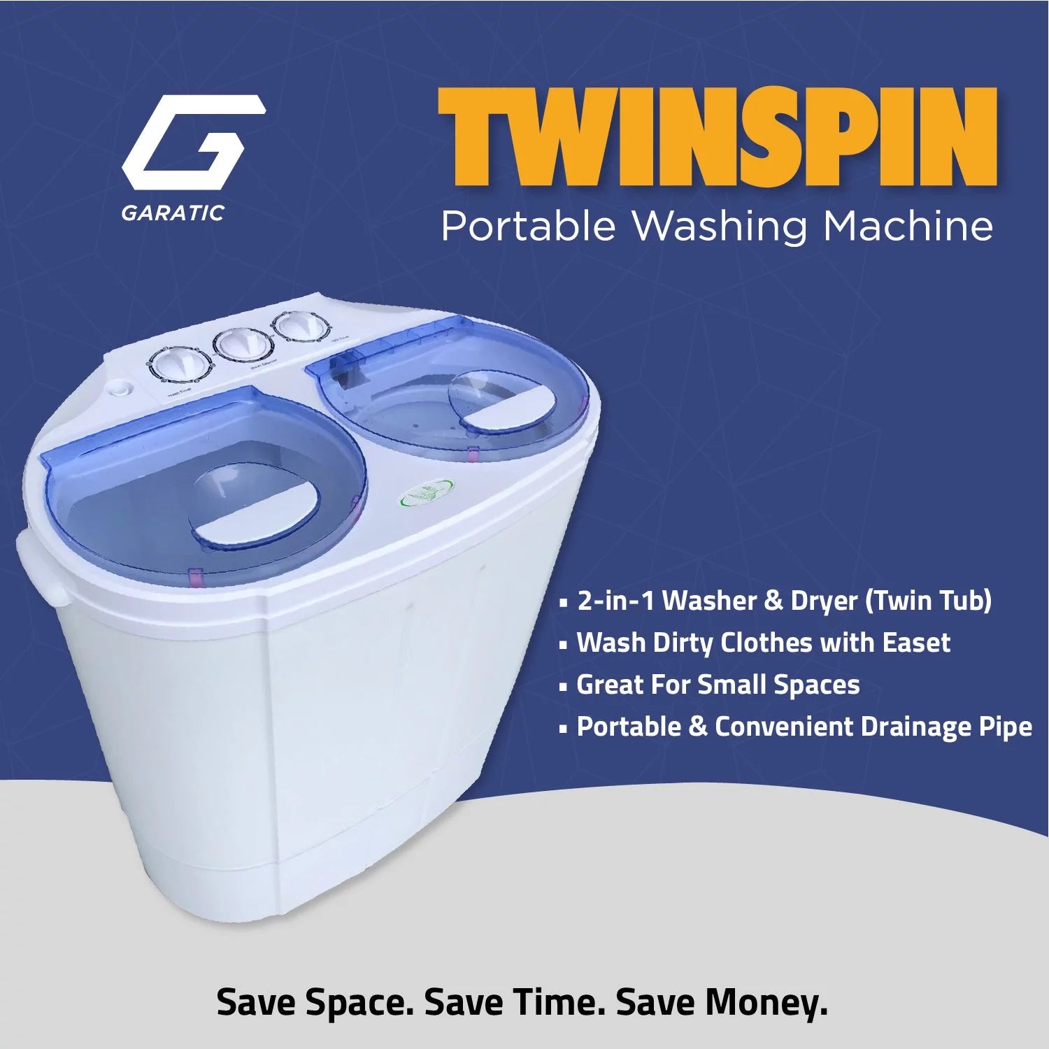 Garatic Portable Twin Tub Washing Machine 13lbs with Wash and Spin Cycle R7396