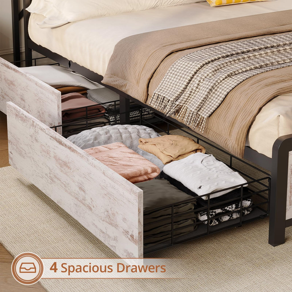 Farmhouse Full Size Bed Frame with Storage Headboard & 4 Drawers, USB Charging, Washed Oak Grey O67263