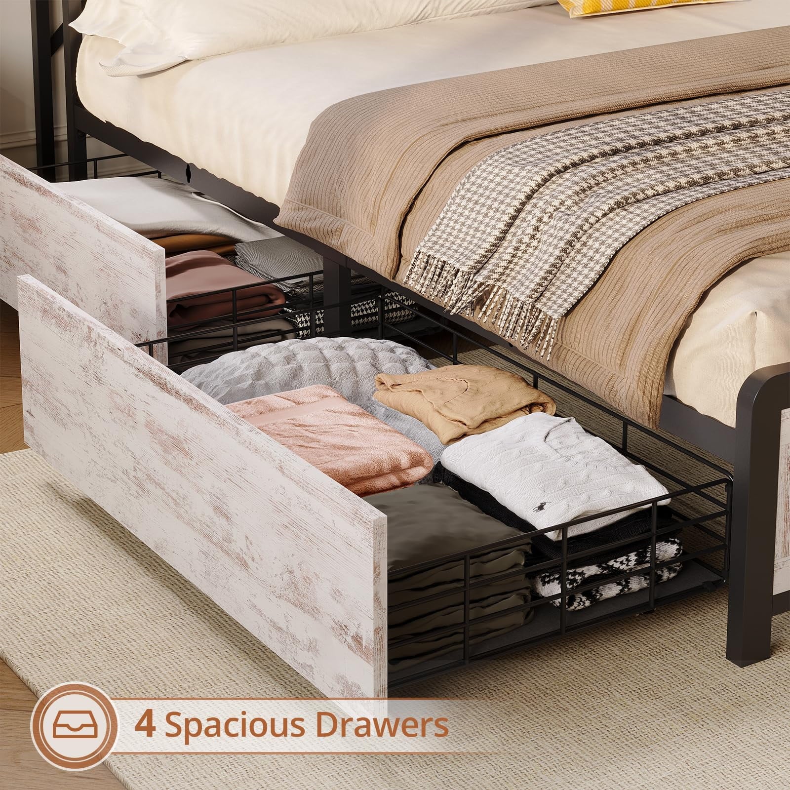 Farmhouse Full Size Bed Frame with Storage Headboard & 4 Drawers, USB Charging, Washed Oak Grey O67263