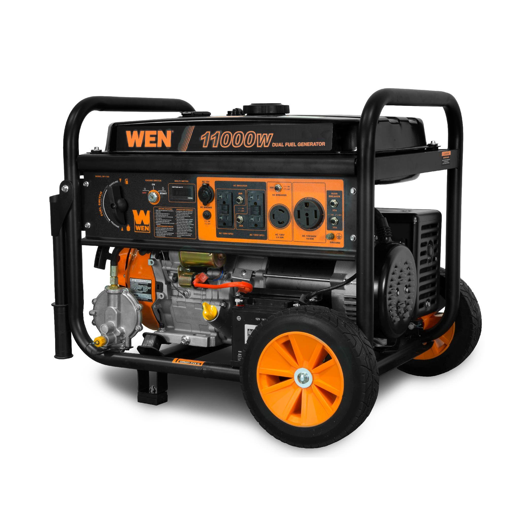 WEN DF1100T 11,000-Watt 120V/240V Dual Fuel Portable Generator with Wheel Kit and Electric Start - Carb Compliant, Black