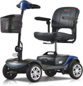 4-Wheel Compact Travel Electric Powered Mobility Scooter for Seniors and Adults 300 lbs Max Weight, Lightweight and foldable, with Large Capacity Lead-Acid Battery, Charger and Thick Leather Seat-Blue