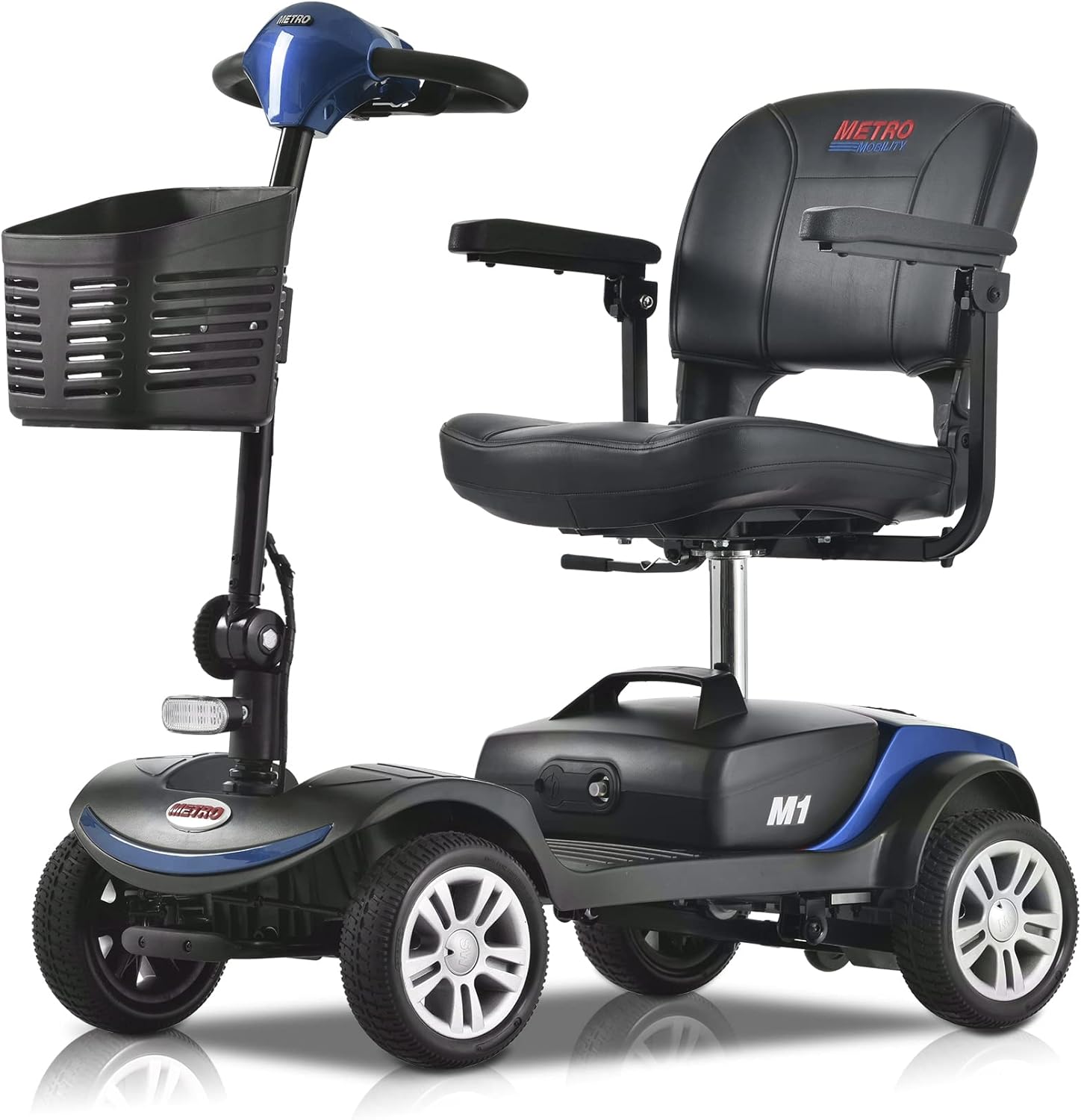 4-Wheel Compact Travel Electric Powered Mobility Scooter for Seniors and Adults 300 lbs Max Weight, Lightweight and foldable, with Large Capacity Lead-Acid Battery, Charger and Thick Leather Seat-Blue