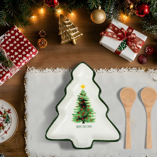 2 Pcs Ceramic Christmas Serving Platters with Wooden Spoon F941