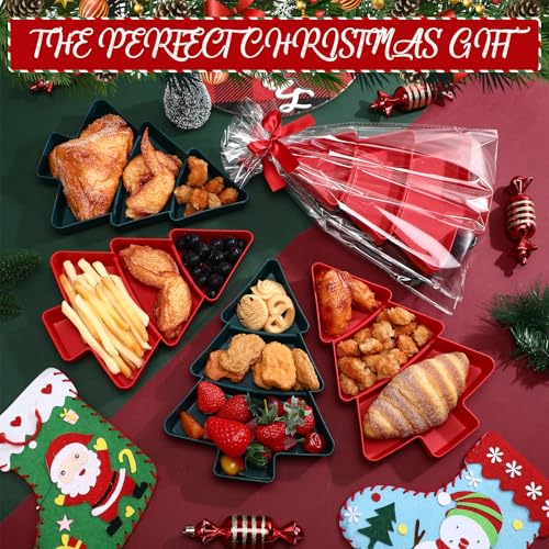 Christmas Tree Serving Tray Platter, Red and Green Plastic, 3 Grids with Bag and Ribbon D132830
