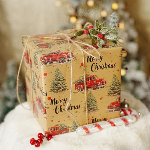 BIOBROWN Reversible Kraft Christmas Wrapping Paper Jumbo Roll 30 Inch x 33 Feet Vintage Trucks Design E340325