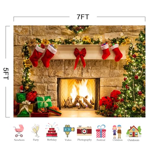 7x5ft Christmas Fireplace Backdrop for Photography Party Decor B101449