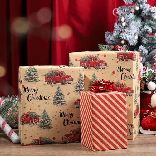 BIOBROWN Reversible Kraft Christmas Wrapping Paper Jumbo Roll 30 Inch x 33 Feet Vintage Trucks Design E340325