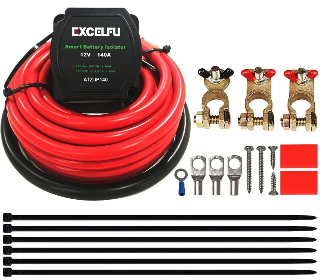 EXCELFU Dual Battery Isolator Kit, 12V 140 Amp Smart Voltage Sensitive Relay Battery Isolator, Complete Dual Battery Kit for UTV, Marine Boat, Truck, RV Camper, ATV, Car