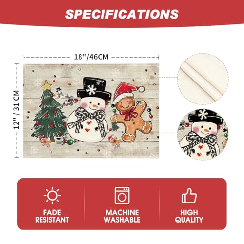 Artoid Mode Snowman Gingerbread Christmas Placemats Set of 4, 12x18 Inch K785