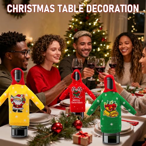 3Pcs Christmas Wine Bottle Covers Knitted Sweatshirts Holiday Party Decorations I4698