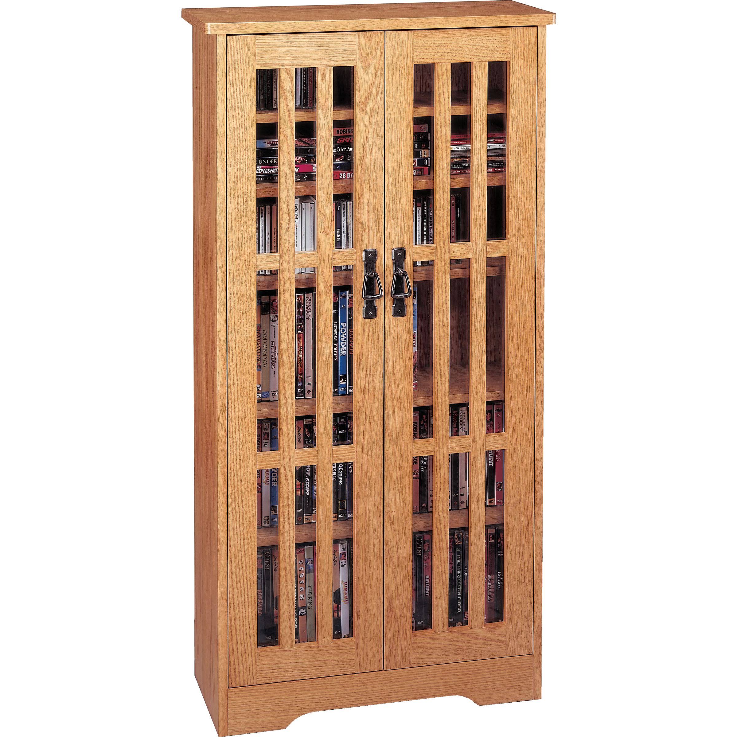 Leslie Dame Enterprises M-371 Mission Style Glass Cabinet Multimedia Storage, Oak
