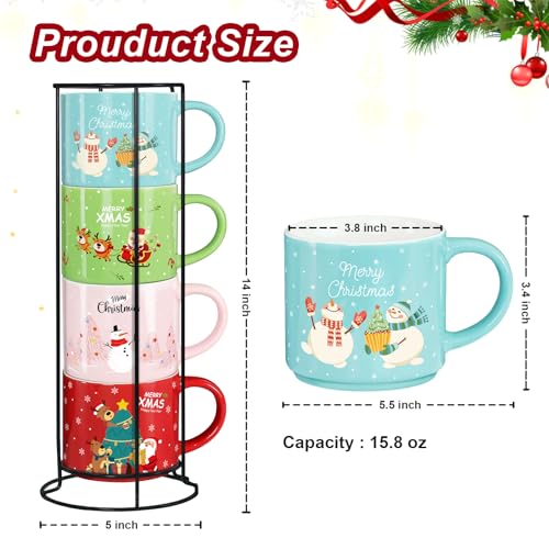 Set of 4 Stackable Christmas Mugs with Stand, 15.8 Oz Holiday Cocoa Mug L13200