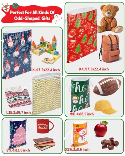 Christmas Gift Bags Assorted Sizes, 22pcs Drawstring Reusable Plastic D786