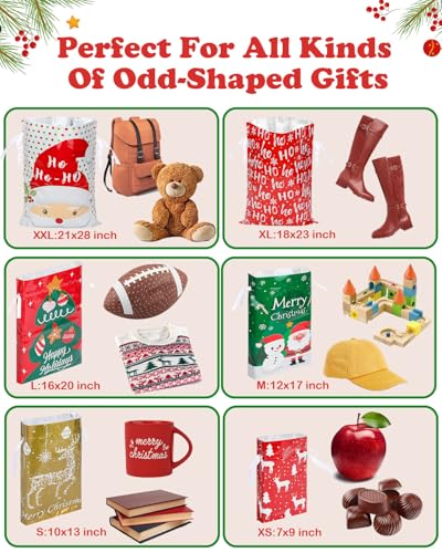 Christmas Gift Bags Assorted Sizes, 22pcs Drawstring Reusable Plastic D786