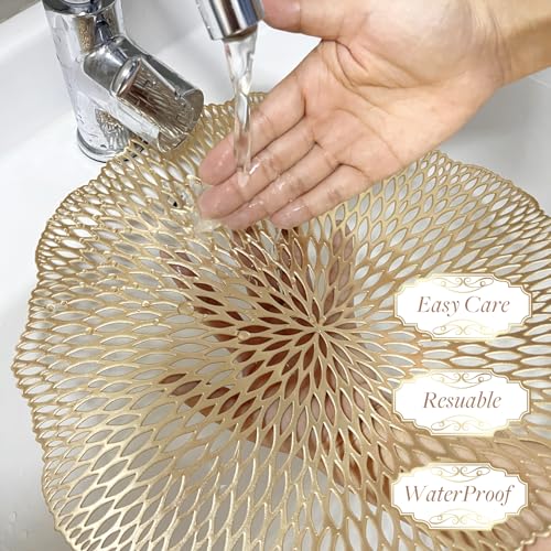 Gold Metallic Vinyl Flower Placemats Set of 6 for Dining Table I961330