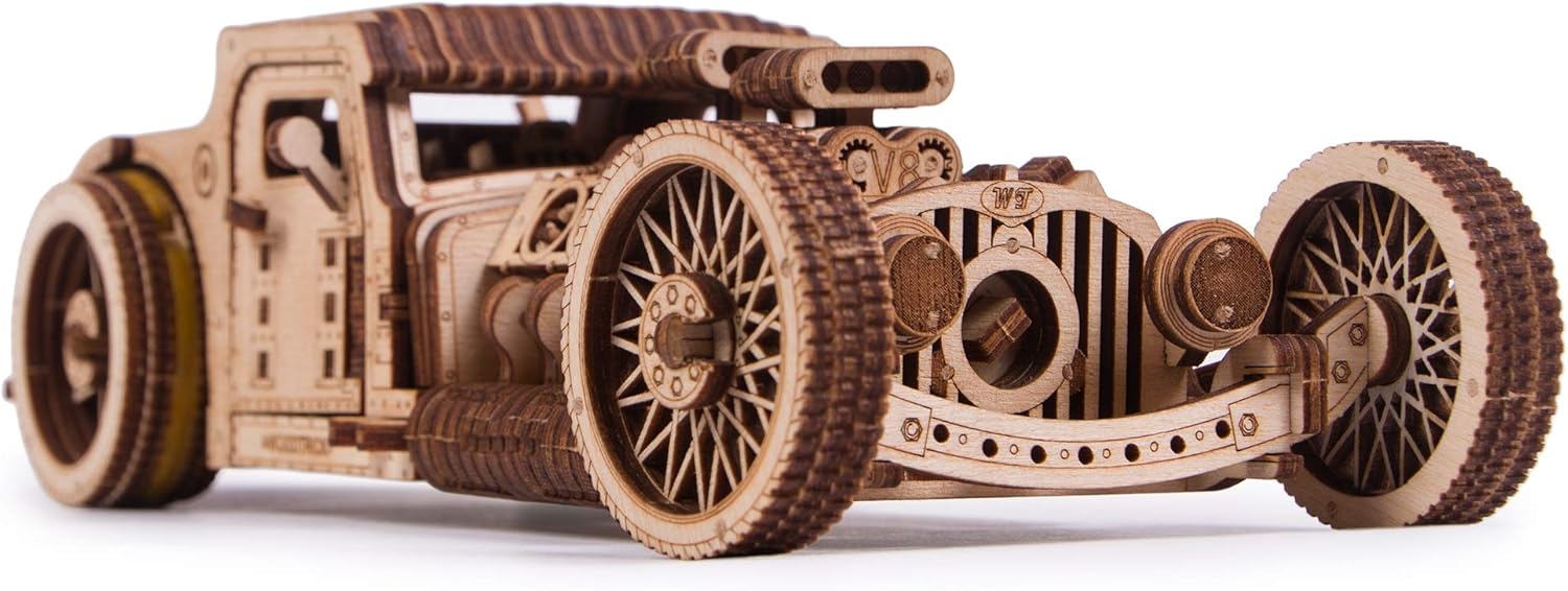 Wood Trick Hot Rod Wooden Model Car Kit to Build - Rides up to 32 feet - Very Detailed and Sturdy - No Batteries - 3D Wooden Puzzle - Mechanical Pack of 2