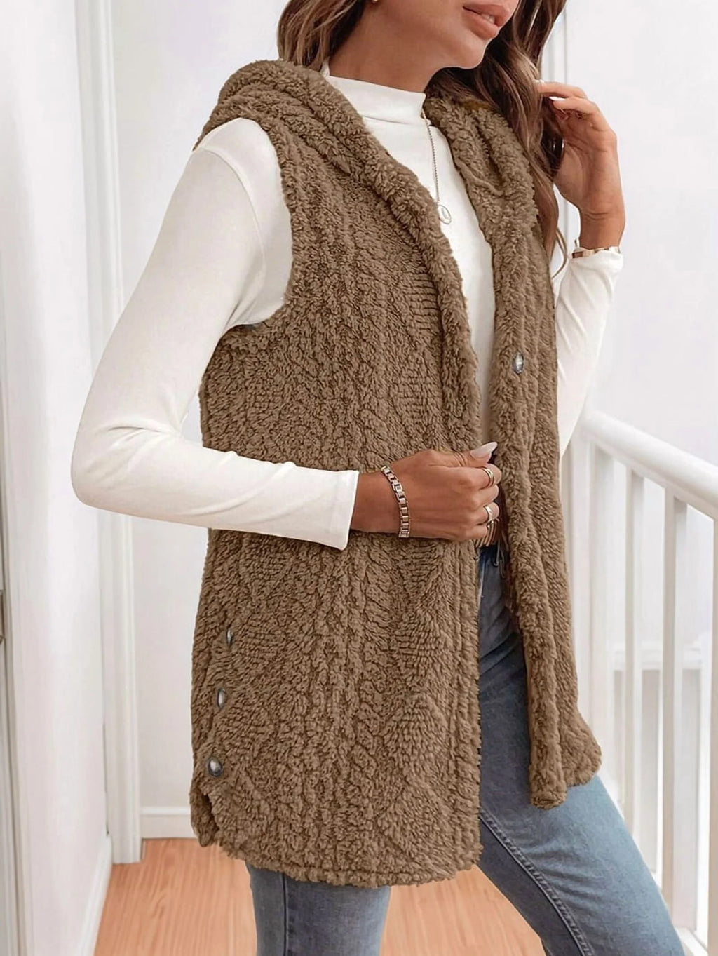 Women's Oversized Fleece Hooded Cardigan, Double Sided Wear, Brown XL U63510