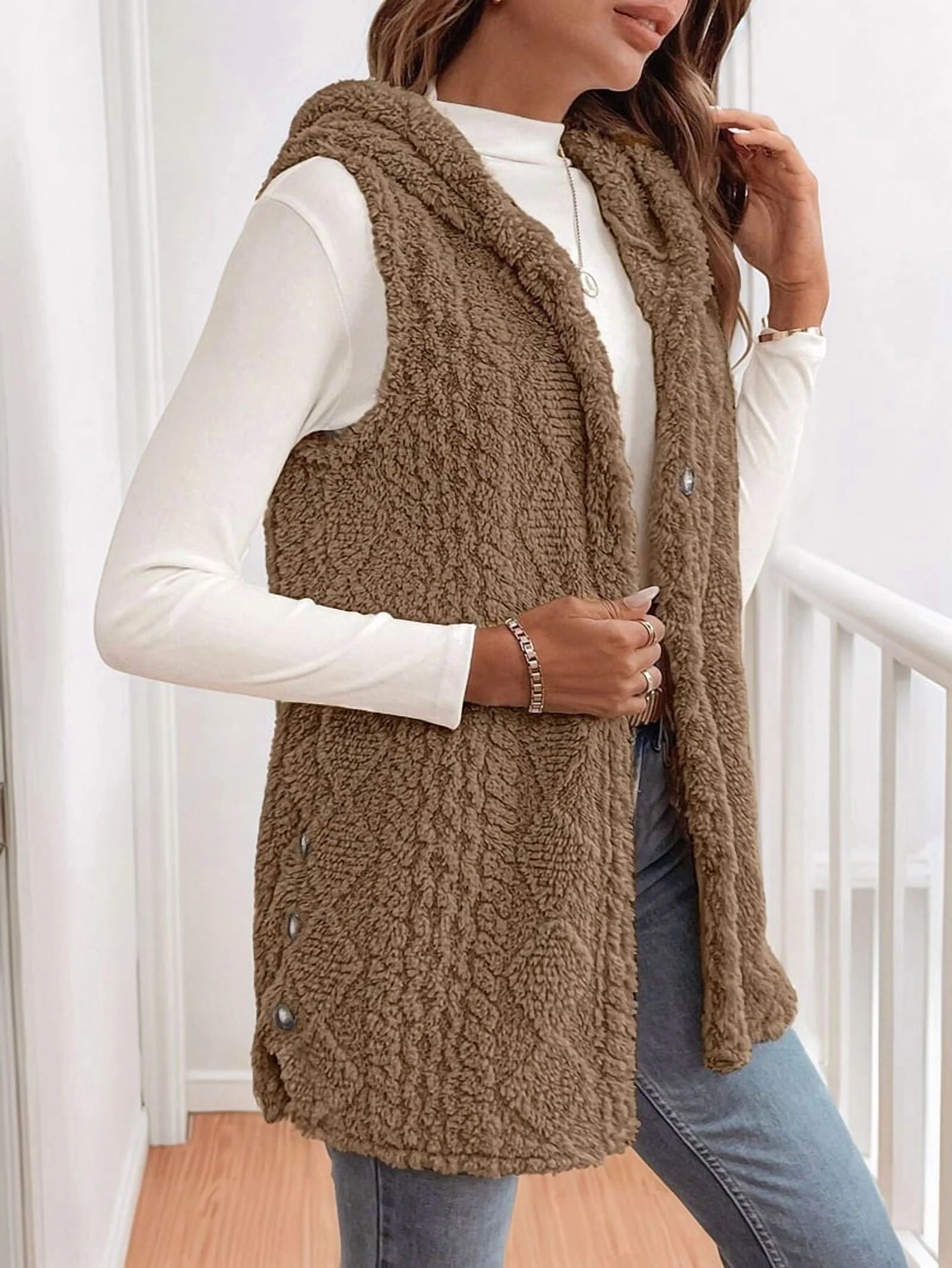 Women's Oversized Fleece Hooded Cardigan, Double Sided Wear, Brown XL U63510