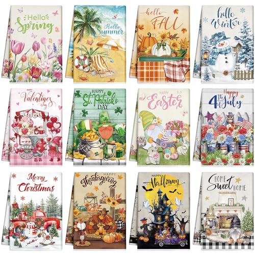 12 Pcs Seasonal Kitchen Towels Set Gnome Style Bright Color K6356