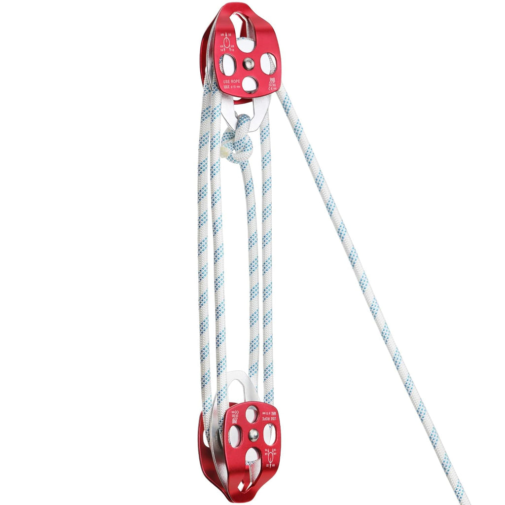 Pulley Block Twin Sheave Block and Tackle 2/5-1/2Inch 150Ft with Braid Rope 30-35KN 6600-7705LBS Capacity Easy Lifting Double Pulley Rigging Rope Great for Construction Work Moving Climbing