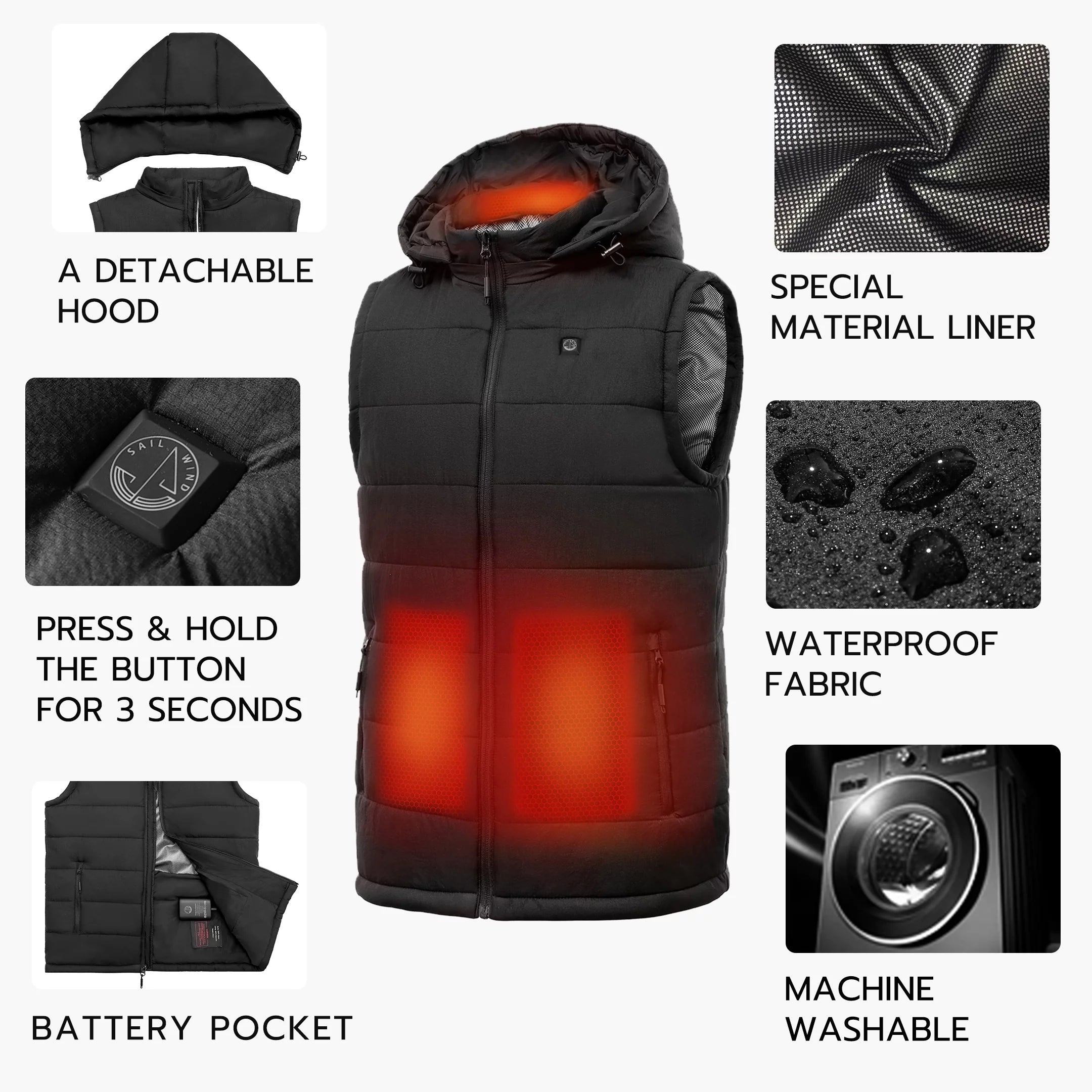 SAILWIND Men's Heated Vest with Removable Hood, Battery Included S788714