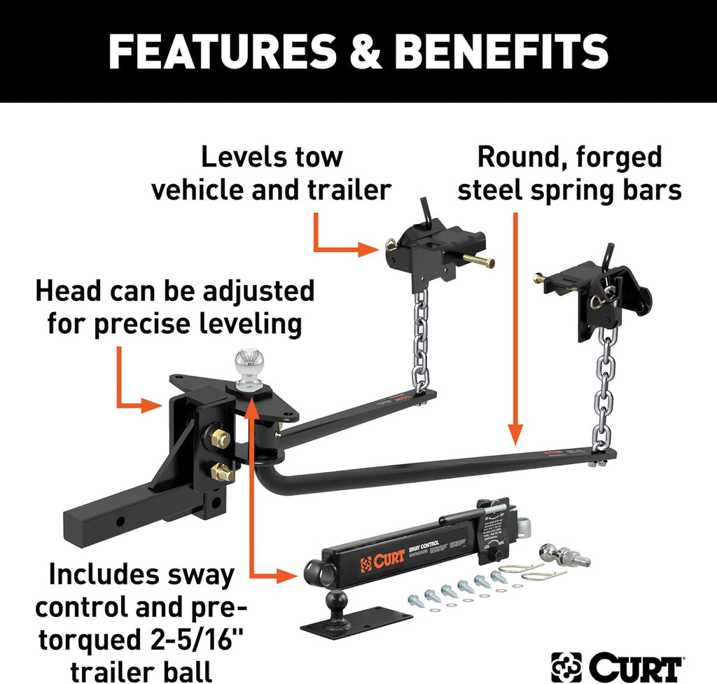 CURT 17063 Round Bar Weight Distribution Hitch with Sway Control, 14K, 2-In Shank, Black D3893