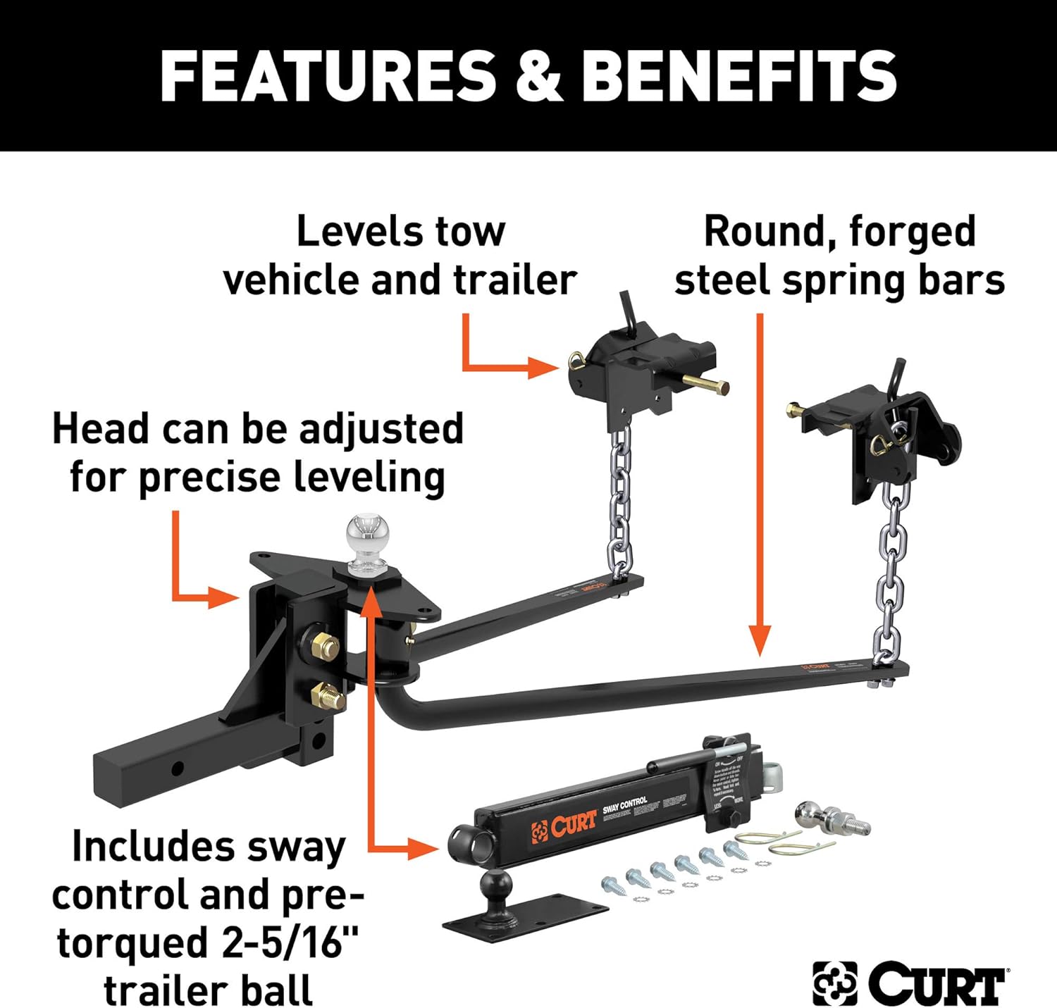 CURT 17063 Round Bar Weight Distribution Hitch with Sway Control, 14K, 2-In Shank, Black D3893