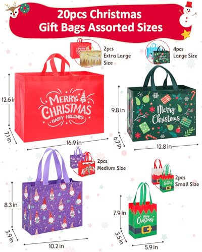Christmas Gift Bags Assorted Sizes 12PC with Handles, Heavy Duty Non-Woven T61434