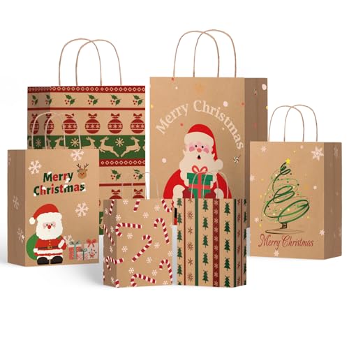 SUNEE Christmas Gift Bags with Tissue paper, 24pcs Assorted Sizes Xmas Bags Bulk with Handles, Assorted with Xmas Stockings, Santa Claus Designs for Christmas Gifts, 8 Large 13", 8 Medium 11", 8 Small 9"