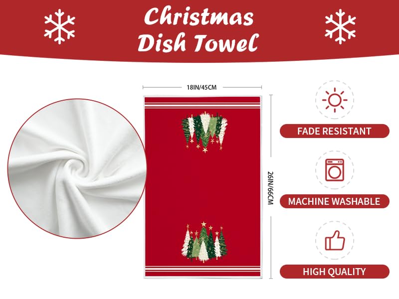 Merry Christmas Kitchen Towels Set of 2, Red Xmas Tree Design C1385
