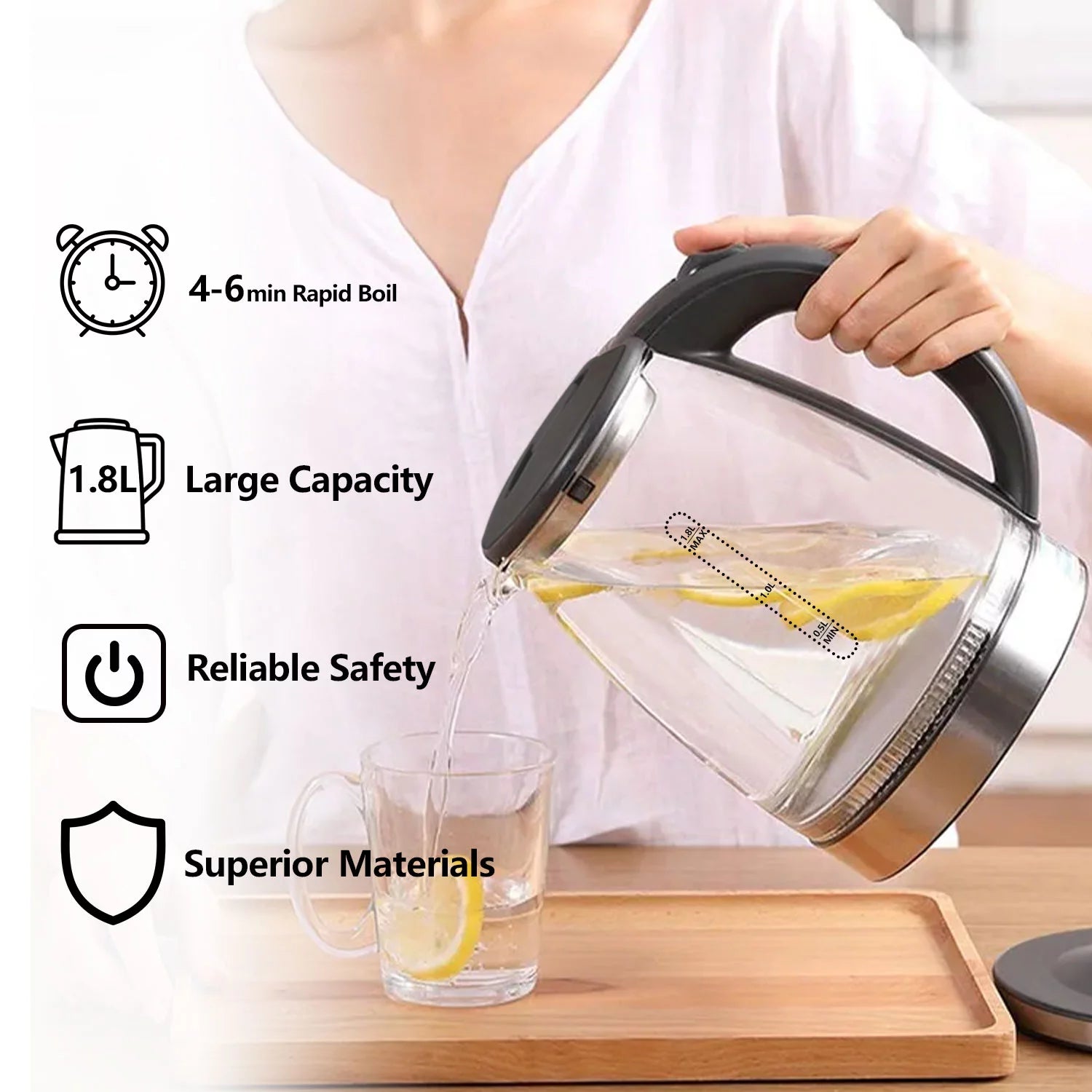 Electric Kettle 1.8L Glass and Steel with Auto Shut-Off N757895