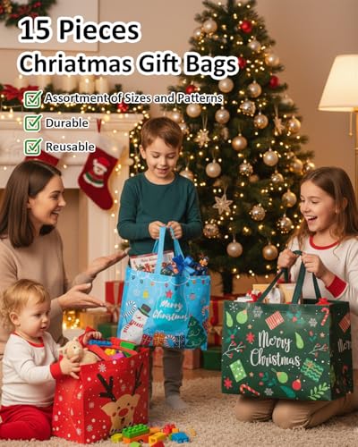 Christmas Gift Bags Assorted Sizes 12PC with Handles, Heavy Duty Non-Woven T61434