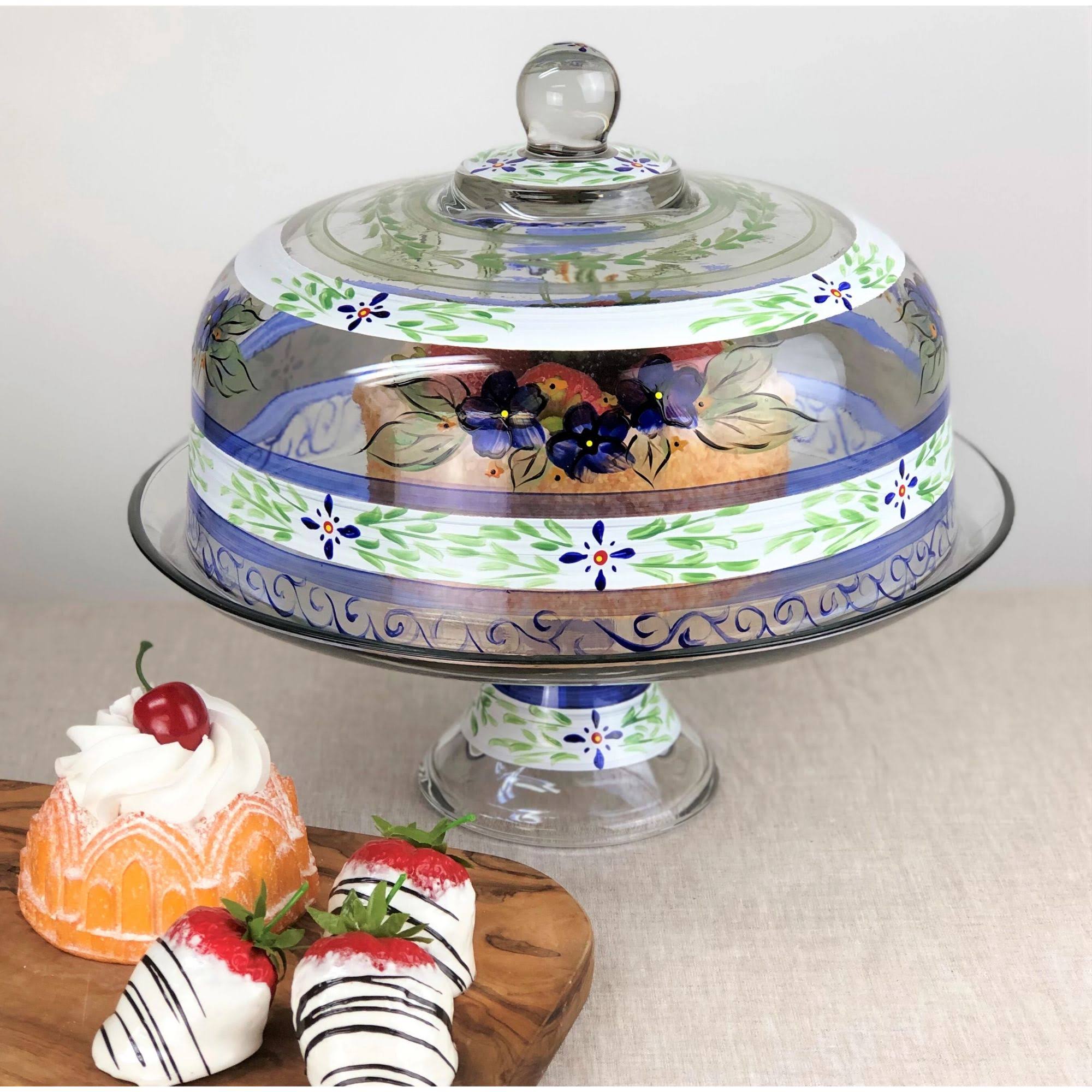 Blue Floral Hand Painted Glass Convertible Cake Dome F908