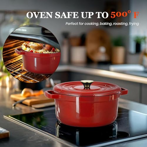 Overmont Enameled Cast Iron Dutch Oven 5QT with Lid and Potholders P525160
