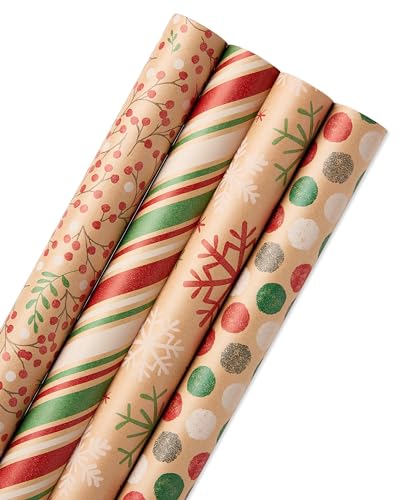 American Greetings Vintage Kraft Christmas Wrapping Paper Rolls, 4 Rolls, 80 sq. ft. D740