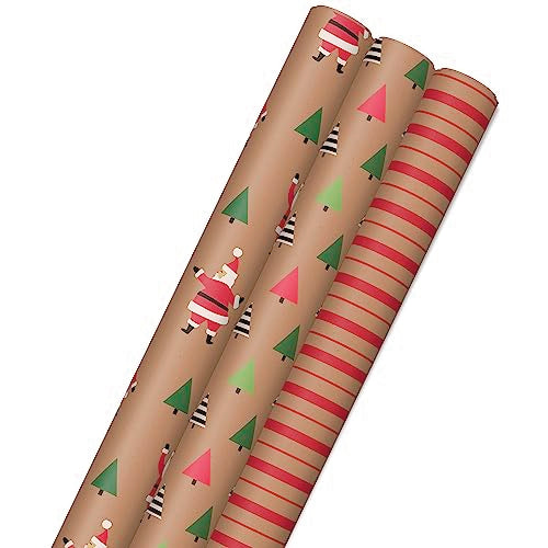 Hallmark Christmas Wrapping Paper Rolls, Brown Kraft Holiday Gift Wrap (Pack of 3: 90 sq. ft. ttl) Kraft with Santas, Trees, Stripes