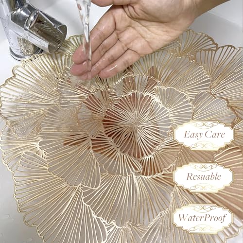 Gold Metallic Vinyl Flower Placemats Set of 6 for Dining Table I961330