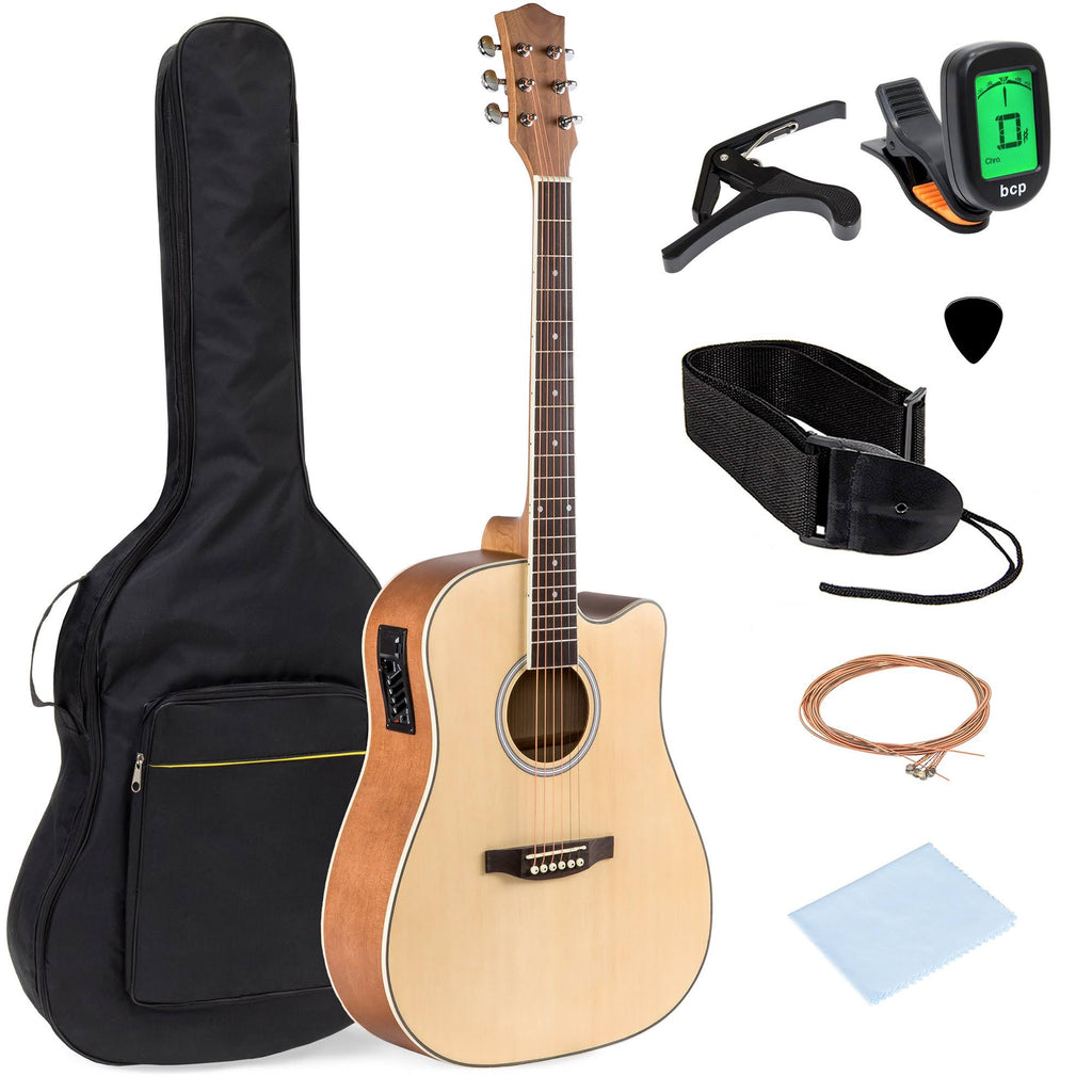 Best Choice Products 41in Full Size Acoustic Electric Cutaway Guitar Set w/ Capo, E-Tuner, Bag, Picks, Strap - Natural