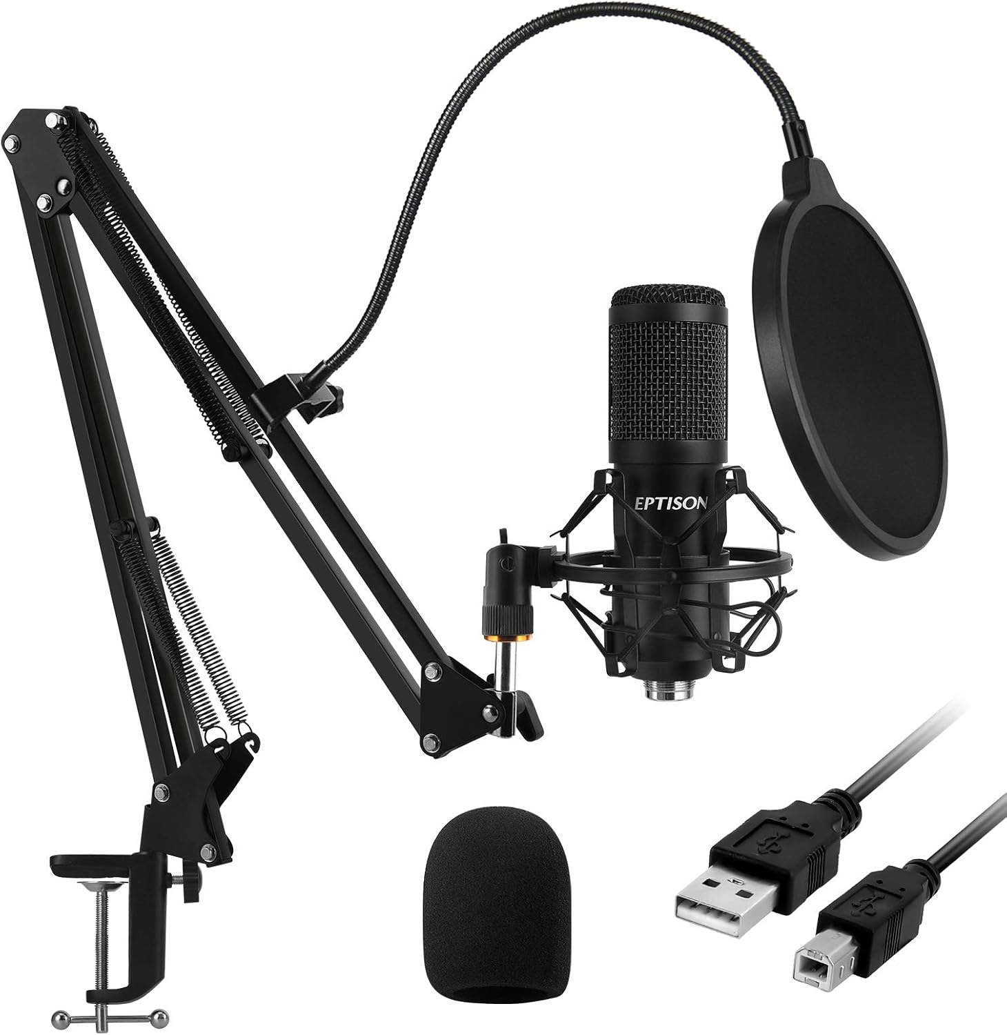 USB Microphone, EPTISON 192kHZ/24bit Professional PC Podcast Streaming Cardioid Condenser Microphone Kit with Boom Arm, Shock Mount, Pop Filter, for Gaming, Recording, YouTube, Voice Over, Meeting Pack of 2