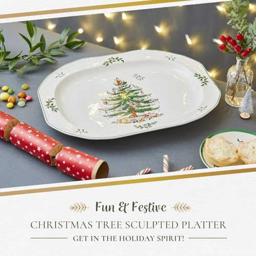 Spode Christmas Tree Sculpted Octagonal Platter, 14-Inch Holiday Serving Dishwasher & Microwave Safe Q207241