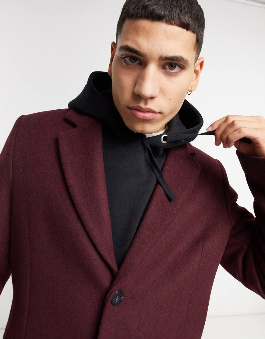 ASOS Design Wool Mix Overcoat Port-Red B6184