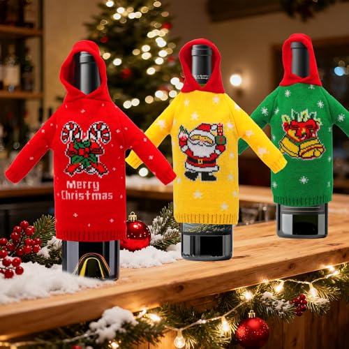 3Pcs Christmas Wine Bottle Covers Knitted Sweatshirts Holiday Party Decorations I4698