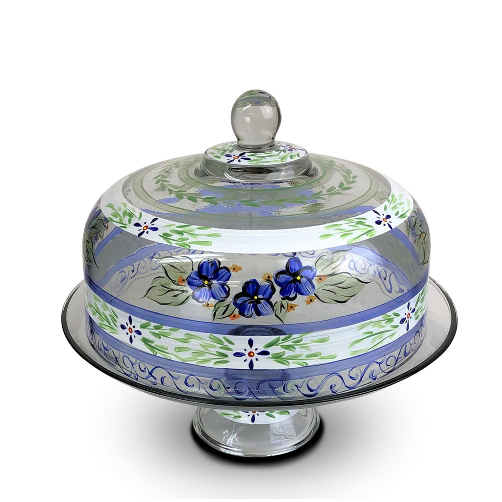 Blue Floral Hand Painted Glass Convertible Cake Dome F908