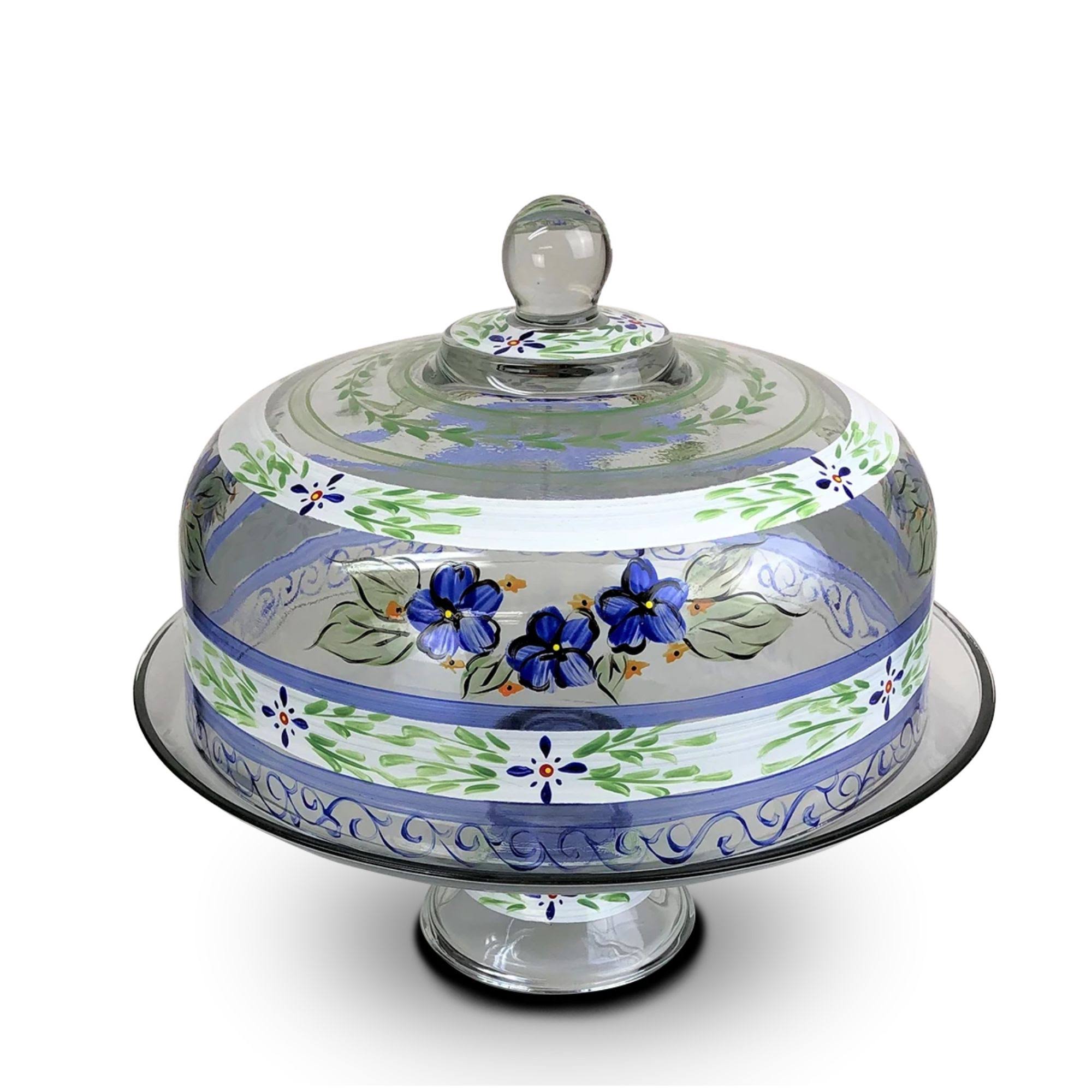 Blue Floral Hand Painted Glass Convertible Cake Dome F908