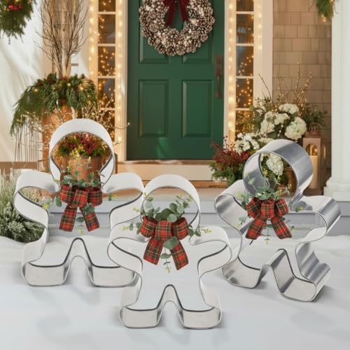 Tandefio Set of 3 Oversized Gingerbread Men Silver Gingerbread Men Cookie Cutter Figurines for Christmas Decorations Outdoor Day Holiday Party Supplies Stainless Steel, 19.29" 17.72" 15.55"