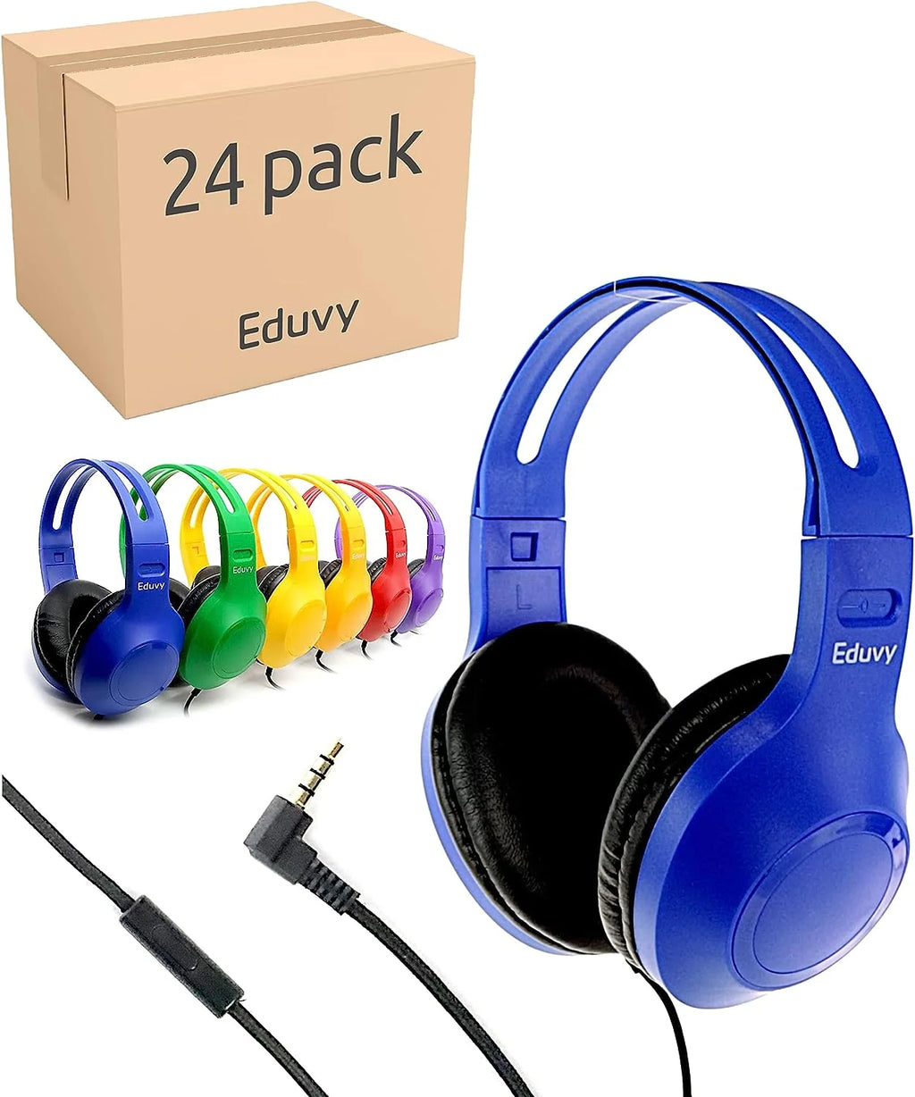 Eduvy Bulk Headphones for Classroom with Microphone, Pack of 24, Mixed Color W392