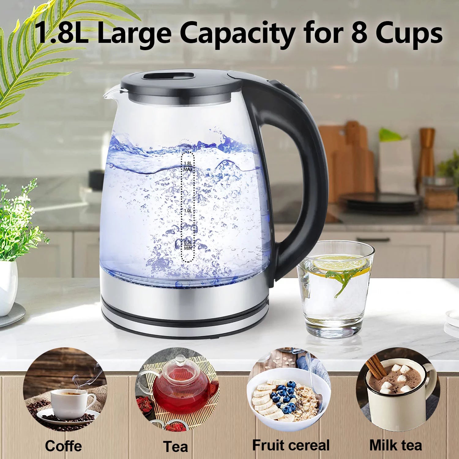 Electric Kettle 1.8L Glass and Steel with Auto Shut-Off N757895